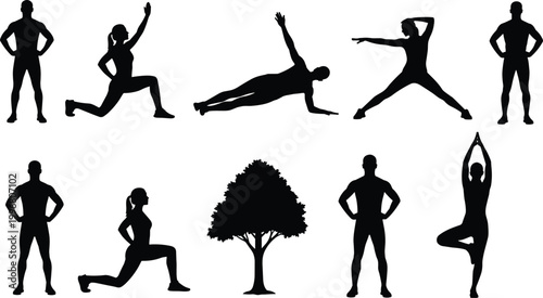 Silhouette collection of yoga and fitness poses with tree symbol, representing balance, wellness, meditation, exercise, and healthy lifestyle in nature-inspired design