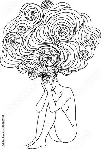Surreal line art illustration of a woman sitting and hiding her face with swirling hair representing overthinking anxiety and mental health struggles