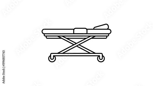 Medical Stretcher Vector Icon with Editable Stroke; Minimalist Black Line Illustration of a Wheeled Hospital Gurney for Emergency Care, Patient Transport, First Aid, and Healthcare Design Projects.