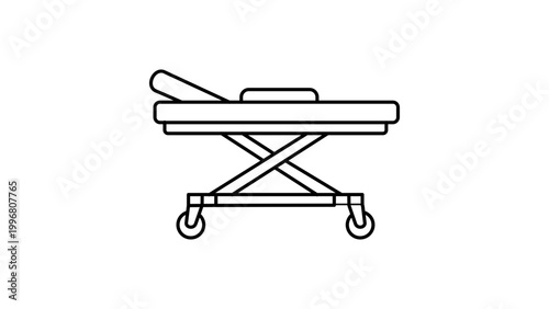 Medical Stretcher Gurney Vector Icon with Editable Stroke, Minimalist Black Line Illustration of a Wheeled Hospital Bed for Emergency Patient Transport, Scalable Outline Graphic on White Background.