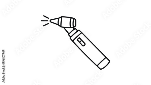 Otoscope Minimalist Black Line Vector Icon on White Background. Handheld medical ear examination tool with editable stroke for customizable line weight, perfect for healthcare and clinic designs.