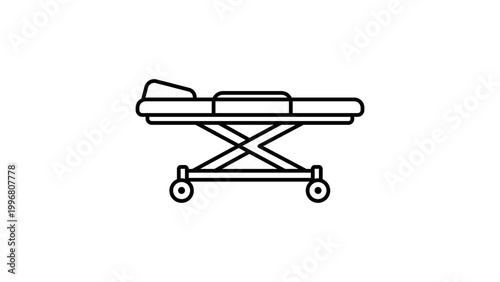 Minimalist Medical Stretcher Vector Icon with Editable Stroke; Clean Black Outline Illustration of a Wheeled Hospital Gurney for Emergency Care, First Aid, and Patient Transport Design.