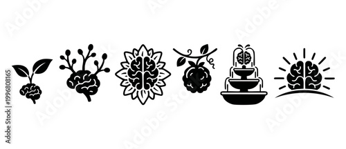 Human Brain Growth Icons Set, Mental Development and Cognitive Evolution Symbols, Creative Mind Plant and Wisdom Fountain Vector Illustrations for Psychology, Science, Education and Personal Developme
