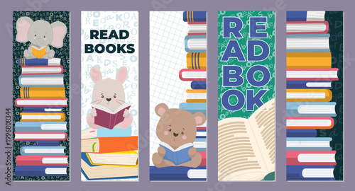 Collection of five vertical templates for bookmarks or banners featuring cute baby animals including an elephant a rabbit and a bear. The designs show characters reading on stacks of colorful books