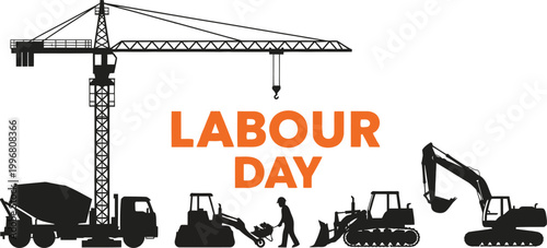 labour day construction scene with crane and machinery silhouettes