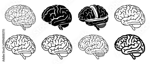 Human Brain Icon Set, Stylized Neural Network and Anatomical Brain Shapes for Medical, Science, Intelligence and Technology UI/UX Design Projects, Vector Style Illustration in Black and White.
