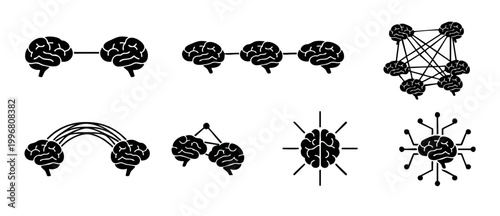 Human Brain Network Connection Icons Set, Neural Communication and Mental Interaction Symbols for Artificial Intelligence, Neuroscience Research, Cognitive Data Exchange, and Digital Technology Concep