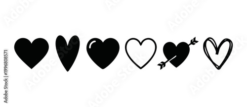 Heart icon set black collection, romantic love symbols isolated on white. Hand drawn and minimalist graphic heart shapes for Valentine's Day greeting cards, web design, apps, and wedding decoration th