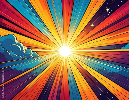 Burst of radiant light with vibrant beams in a cosmic setting, featuring a bright center, radiating colors