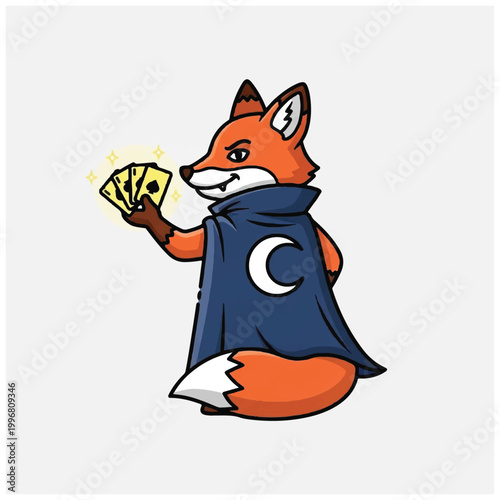 Charming Fox Magician with Glowing Cards and Mystical Cape.