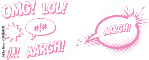 Comic book speech bubbles and sound effects in pink and white