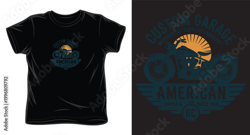 Custom garage motorcycle clothing industry supply and co since 1956 vintage t-shirt design with classic motorbike and wings.