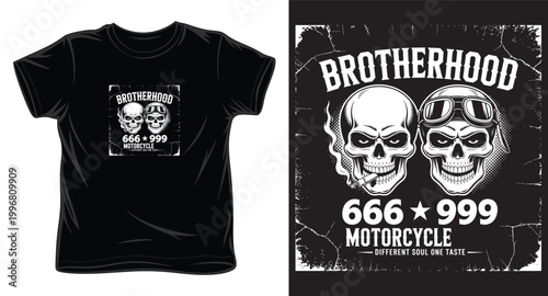 Brotherhood motorcycle club t-shirt design with two skulls and vintage aviator goggles on dark background.
