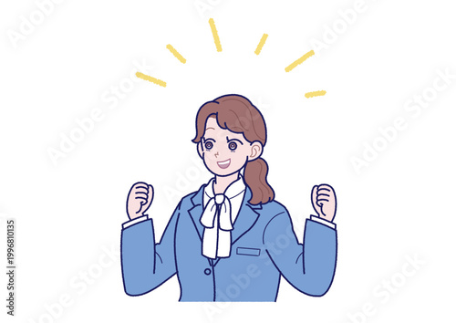笑顔でガッツポーズをとるスーツ姿の若い女性のイラスト