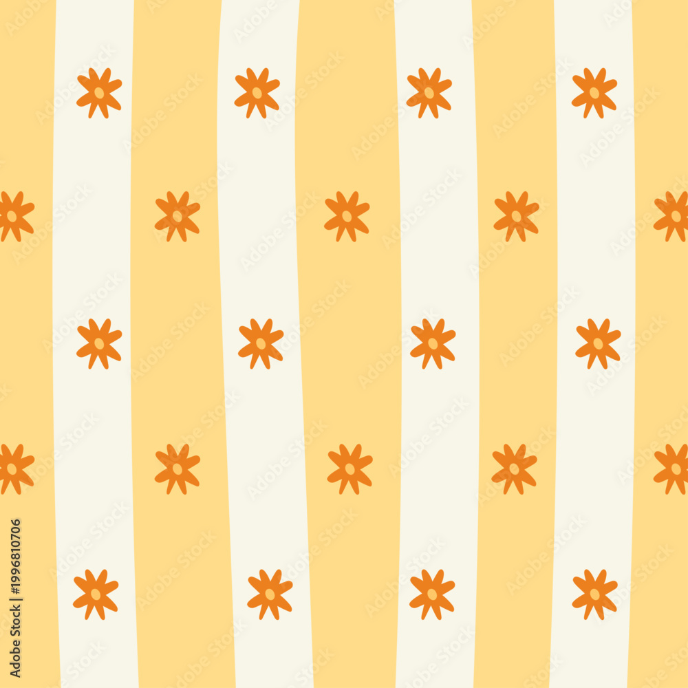 Obraz premium Seamless Yellow Striped Floral Pattern with Orange Flowers
