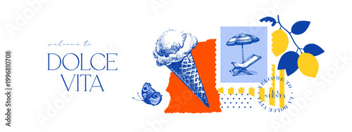 Hand drawn sketch tropical collage. Dolce vita summer vibe. Vintage summer Italy Mediterranean coastal vacation banner. Vector illustration