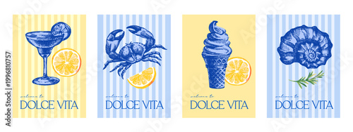 Vintage summer Italy Mediterranean coastal poster set. Lemon and Italian food stamp design. Hand drawn vector illustration. Amalfi sketch and watercolor beach vacation banners.