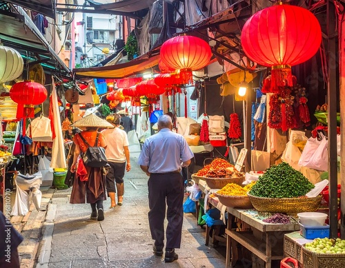 Bustling alleyway scene with people, red lanterns, food displays, and shops. Bright illumination highlights colors
