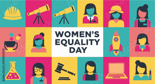 Womens Equality Day celebration colorful icons grid for social media