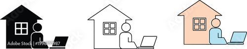 Remote Work Concept Icon Featuring Person Working on Laptop in Front of House in Silhouette Outline and Flat Color Styles