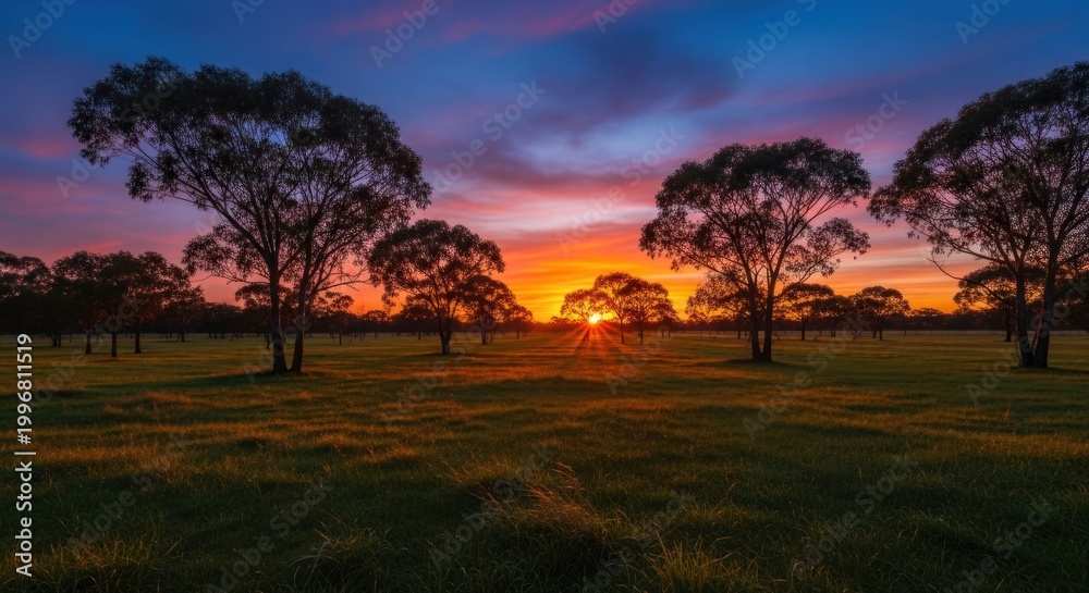 Fototapeta premium Vibrant Sunset Over Australian Landscape with Silhouette Trees and Golden Light.