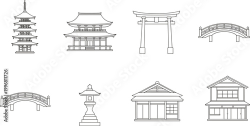 Title
Set of Traditional Japanese Architectural Icons Featuring Pagodas Torii Gates Arched Bridges and Zen Garden Stone Lanterns in Minimalist Line Art Style