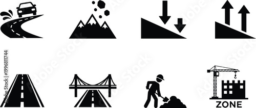 Comprehensive Road Safety and Infrastructure Icon Set Featuring Construction Zones Bridge Crossings Steep Grades and Hazardous Driving Conditions