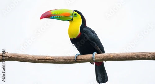 Vibrant Toucan Perched on Branch Against White Background.