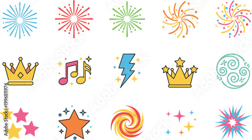 Flat Summer Vacation Icon Set Featuring Tropical Cocktails Suitcases Sunglasses Beach Gear Airplane and Travel Accessories in Vibrant Sun-Kissed Colors