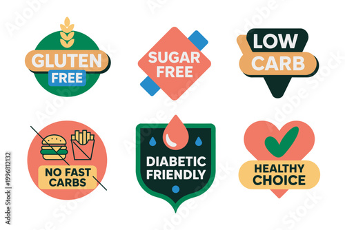 Healthy food labels collection featuring gluten free, sugar free, low carb and diabetic friendly badges, clean vector illustration