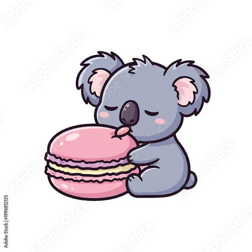 Cute cartoon koala bear enjoying a pink macaron dessert.