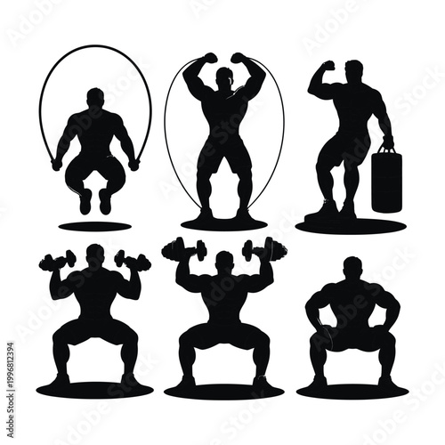 Fitness silhouette icons of men exercising with dumbbells and jumping rope