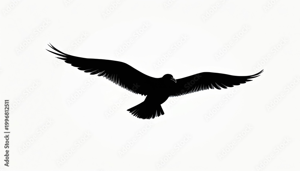 Fototapeta premium Black seagull silhouette flies spread wings wide. Bird soars high above white space. Avian creature in motion against clear sky. Freedom, nature, wildness.