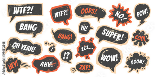 Set of comic speech bubbles with expression words like wow bang and boom in a pop art style
