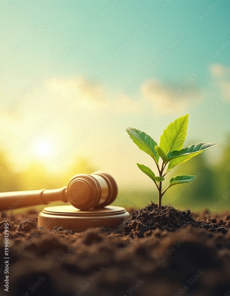 Obraz premium Law gavel rests on soil near tiny green plant sprout. Symbolizes environmental law protection and sustainable growth. Sunlight beams on nature.