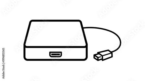 External Hard Drive Editable Stroke Vector Icon. Minimalist black line illustration on a white background representing a rectangular portable storage device with a USB cable and connector.