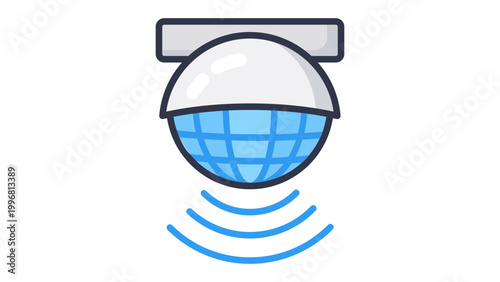 Modern flat vector icon illustration of a motion sensor on a white background, featuring a round dome with a blue grid and signal waves for smart home security and automation technology.