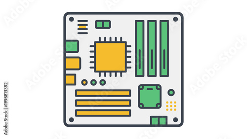 Foto Motherboard vector icon illustration, modern flat design of a computer mainboard with CPU, RAM slots, and circuit components, scalable digital hardware graphic isolated on white background