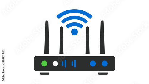 Foto Modern flat vector icon illustration of a wireless wifi router with four antennas and signal waves