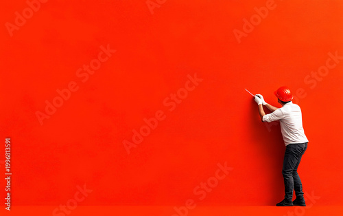 Minimalist composition with person in white reaching up against vibrant red wall, conceptual art photography with copy space