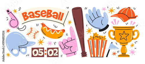 Bilde på lerret Baseball game elements in retro cartoon style