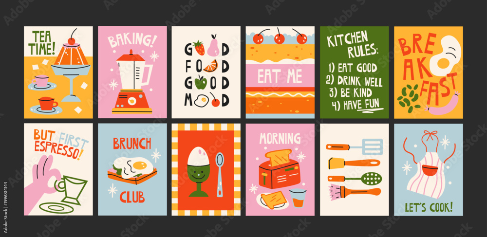 Naklejka premium Kitchen posters with food quotes cooking elements in retro cartoon style. Wall decor: coffee, toast, eggs, utensils with bold shapes and playful typography. breakfast cooking routine, kitchen rules 