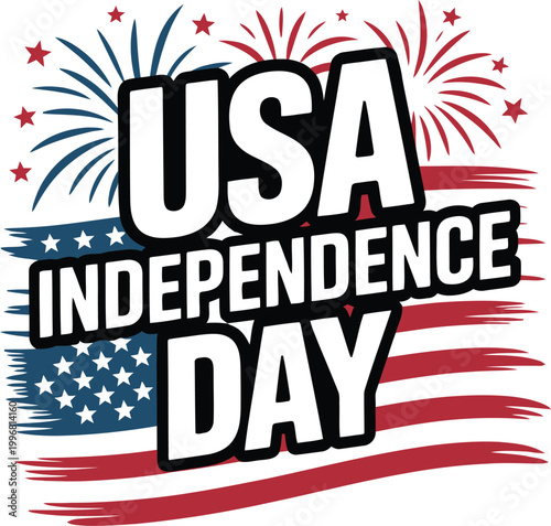 USA Independence Day lettering with fireworks and flag elements.