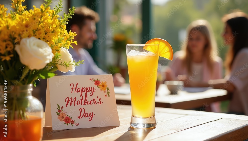 Obraz premium Table set for Mother Day brunch outdoors with mimosa cocktail, flowers, and greeting card. People socialize in background at restaurant patio.