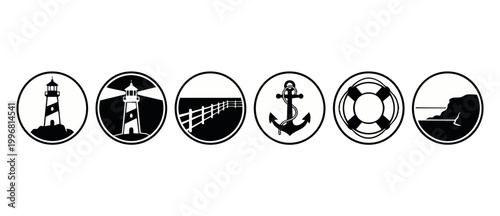 Nautical Icon Set Lighthouse Anchor Lifebuoy Maritime Symbols for Web Design. Collection of black and white round coastal icons featuring marine navigation, seaside landscape, and travel adventure the