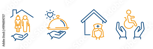 nursing service icons, elderly care, caregiver, support disabled persons, cooking free food, home nurse concept, outline editable vector icon set