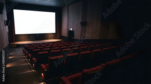 Dimly Lit Movie Theater Interior Empty Red Seats Screen