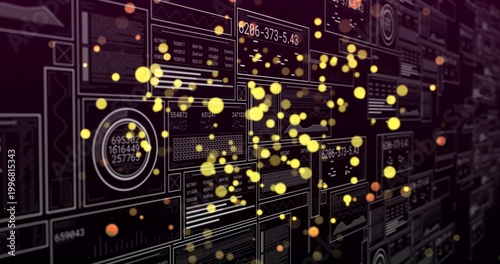 Displaying dashboard panels with readouts, receding right on virtual wall, with yellow bokeh