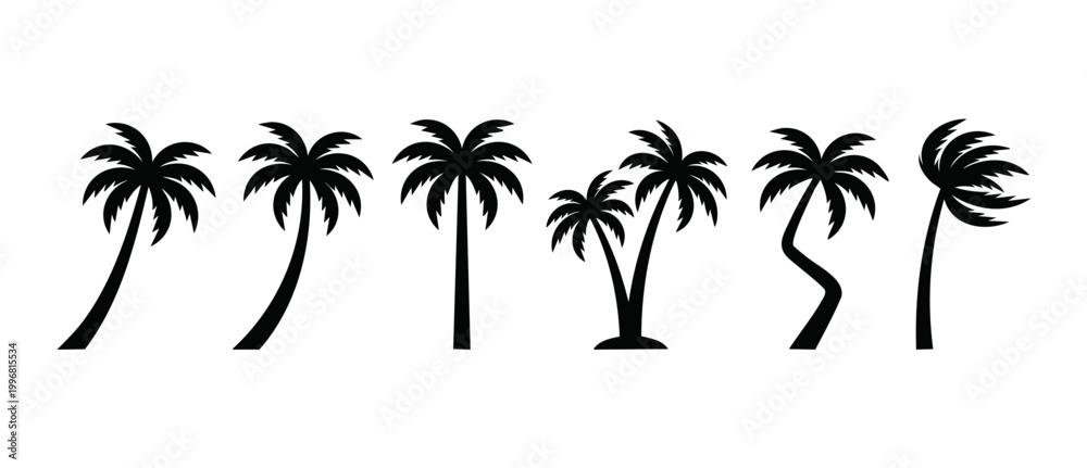 Naklejka premium Palm tree silhouette set, tropical island beach plants, black icon collection. Vector illustration of summer nature elements for graphic design projects, isolated on white background for travel themes