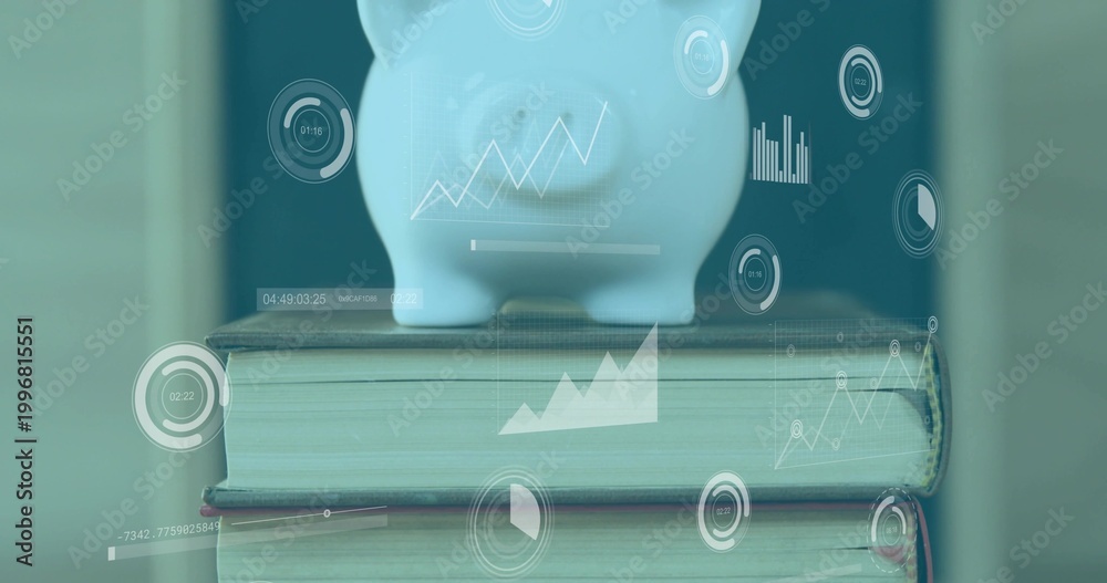 Fototapeta premium Balancing white ceramic piggy bank showing coin slot on desk with book stack, financial overlays